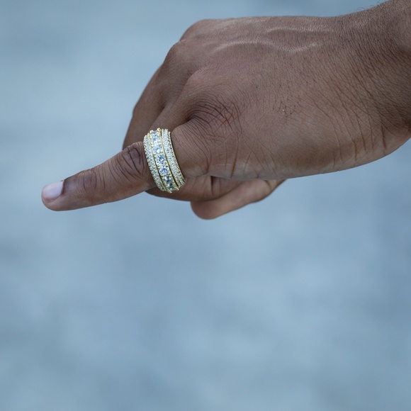 Yellow Gold Plated Iced Cz Pointer Hip Hop Elegant Men's Pinky Eternity Ring - Picture 2 of 6